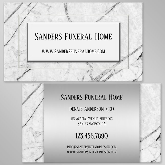Cartão de Visita Chic Mármore Cinza Prata (Business card featuring a black and white marble design with silver lining - undertaker - cremation)