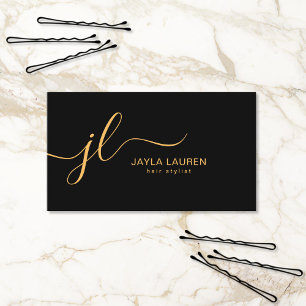 Cartão De Visita Chic Minimalista Elegante Monograma Preto Dourado