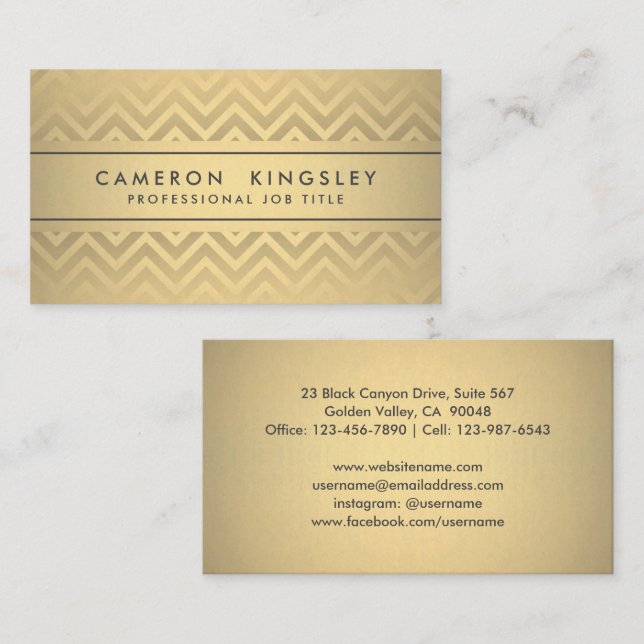 Cartão De Visita Chic Modern Chevron Black and Faux Gold Foil (Frente/Verso)