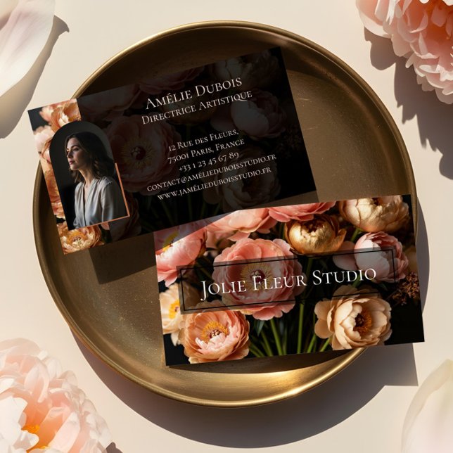 Cartão De Visita Chic Moody Elegant Peony Luxury Feminine Photo (Chic Moody Elegant Peony Luxury Feminine Photo Business Card)
