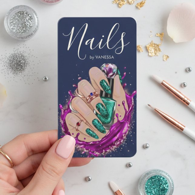 Cartão De Visita Chic Nail Art Studio Manicurist Artist Navy Blue (Criador carregado)