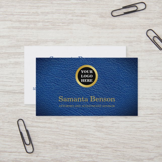 Cartão De Visita Chic Navy Leather Professional Round Gold Logo (Frente/Verso In Situ)