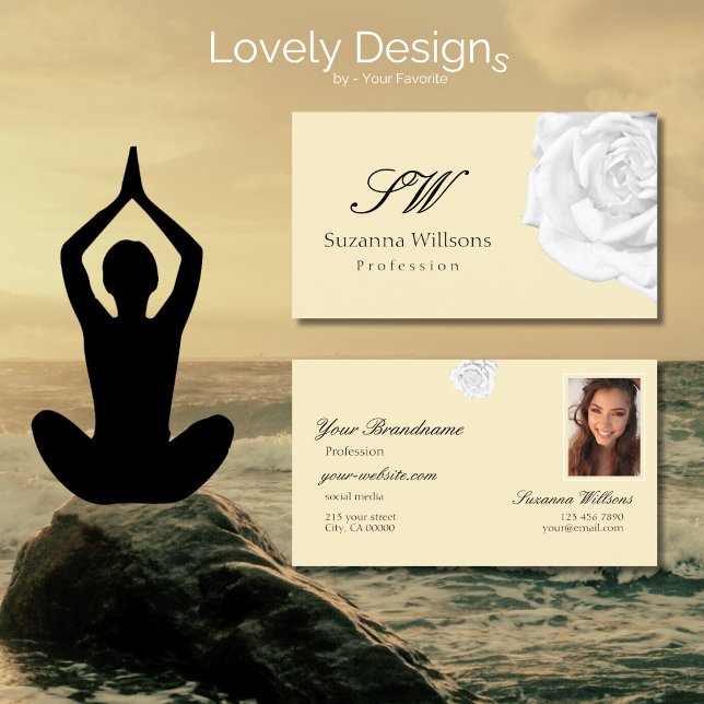 Cartão De Visita Chic Plain Peach Beige White Rose Inicials Foto (Criador carregado)