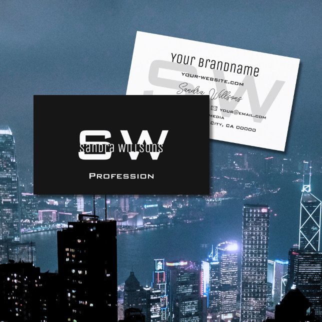 Cartão De Visita Chic preto e branco clássico com monograma simples (Criador carregado)