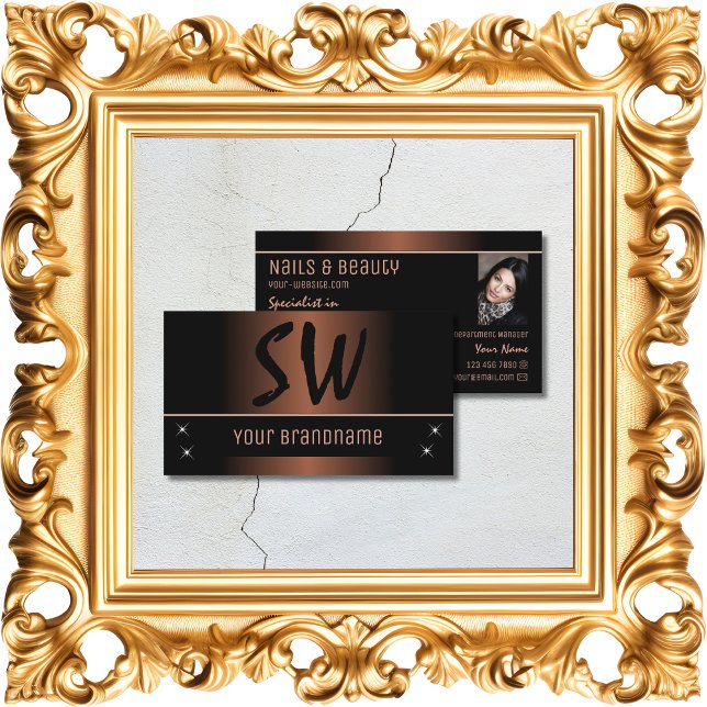 Cartão De Visita Chic Preto Marrom Elegante com Monograma e Foto (Criador carregado)