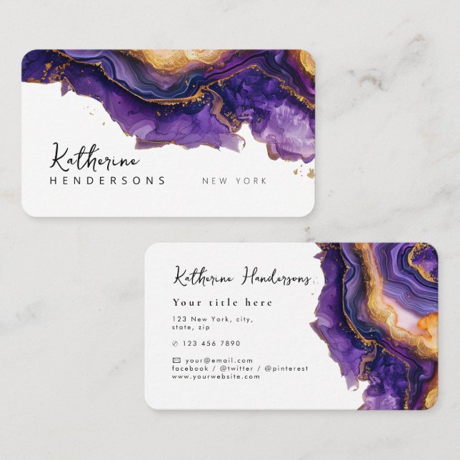 Cartão De Visita Chic Purple Agate gold glitter marble Professional (Frente/Verso)