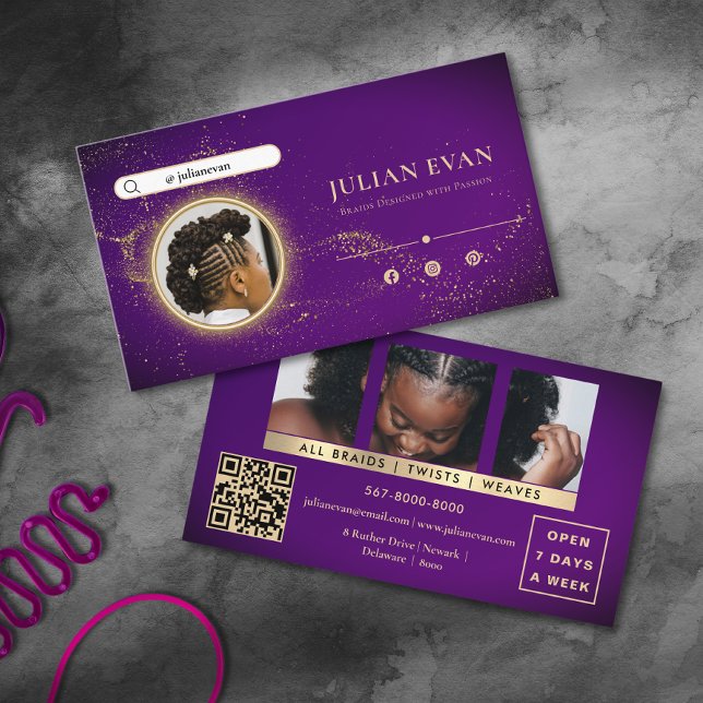 Cartão De Visita Chic Purple Glitter Gold African Braid Hairstylist (Chic Purple Glitter Gold African Braid Hairstylist Business Card)