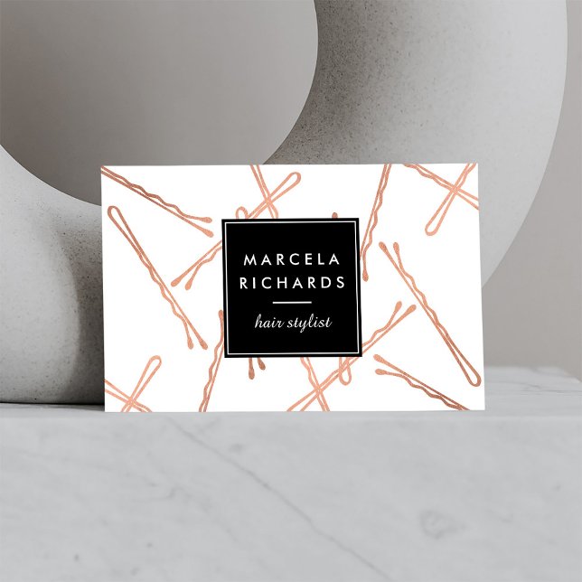 Cartão De Visita Chic Rosa Dourado Bobby Pins Hair Stylist Salon (Criador carregado)