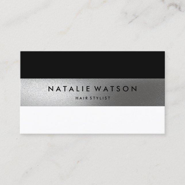 Cartão De Visita Chic Rough FAUX Silver Stripe Black White Modern (Frente)