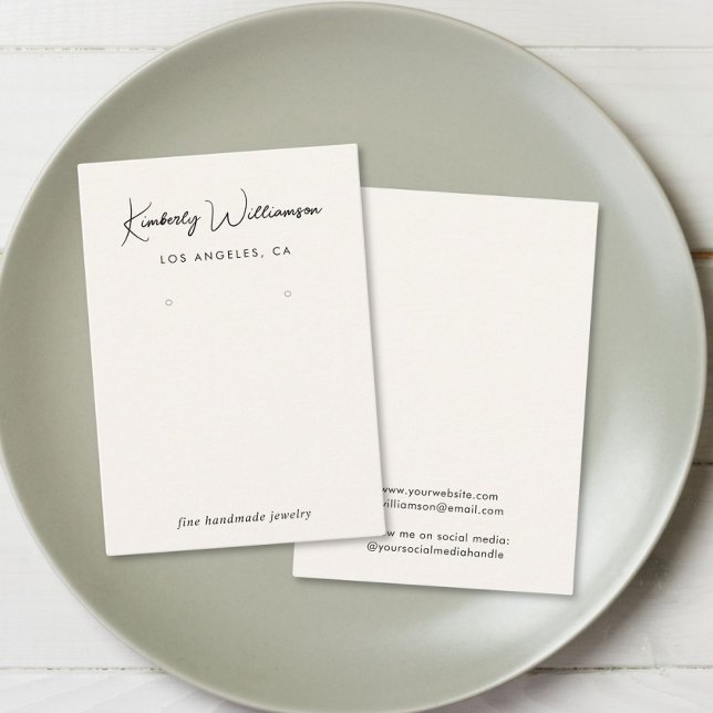 Cartão De Visita Chic Script Earrando Creme Jewelry Display Card (Empower your name in our signature script as your logo and brand identity)