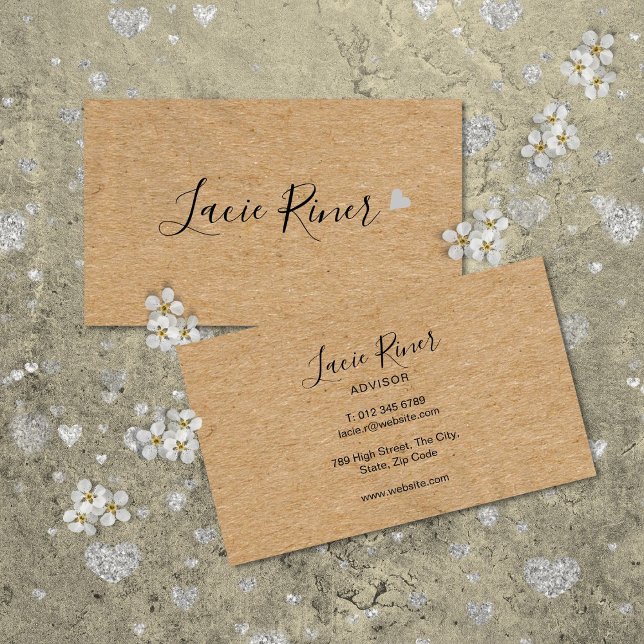 Cartão De Visita Chic Script Silver Love Heart Rustic Kraft (Chic Script Silver Love Heart Rustic Kraft Business Card)