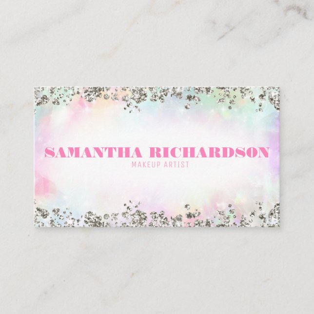 Cartão De Visita Chic Silver Holográfico Iridescente do Arco-Íris E (Frente)