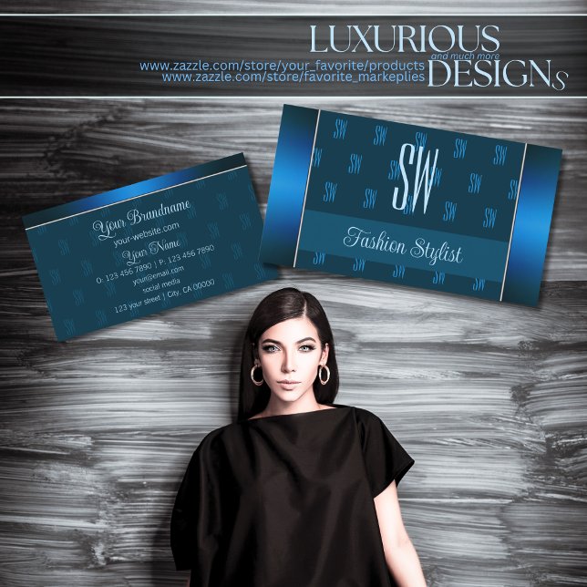 Cartão De Visita Chic Teal Blue com Monograma Patterno Professional (Criador carregado)