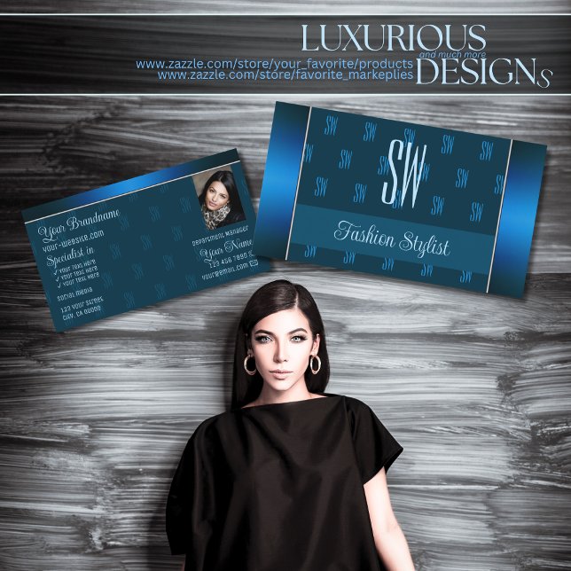 Cartão De Visita Chic Teal Blue com Padrão de Foto e Monograma (Criador carregado)