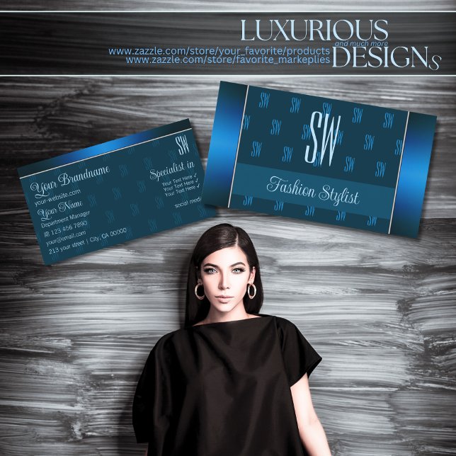Cartão De Visita Chic Teal Blue com Padrão Inicial Profissional (Criador carregado)