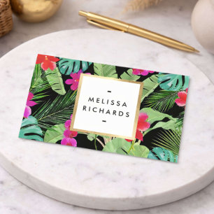Cartão De Visita Chic Tropical Impressão Watercolor Designer Preto