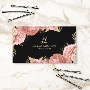 Cartão De Visita Chique Luxo Elegante Monograma Rosa Dourado Floral
