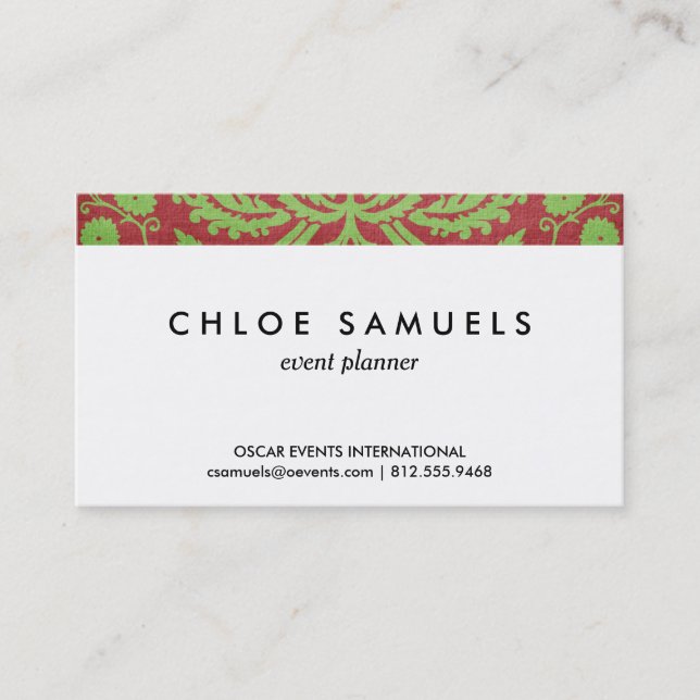 Cartão De Visita Chique rosa vermelha & verde do damasco (Frente)