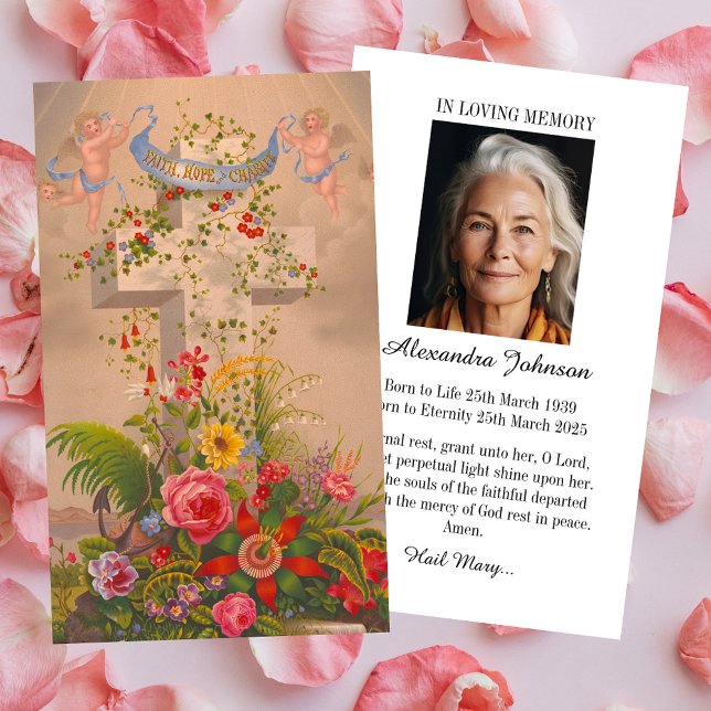 Cartão De Visita Christian Floral Cross Foto Perda Simpatia Funeral (Religious Christian Catholic Floral Cross Hope Photo Loss Memorial Funeral Sympathy  Prayer Card)