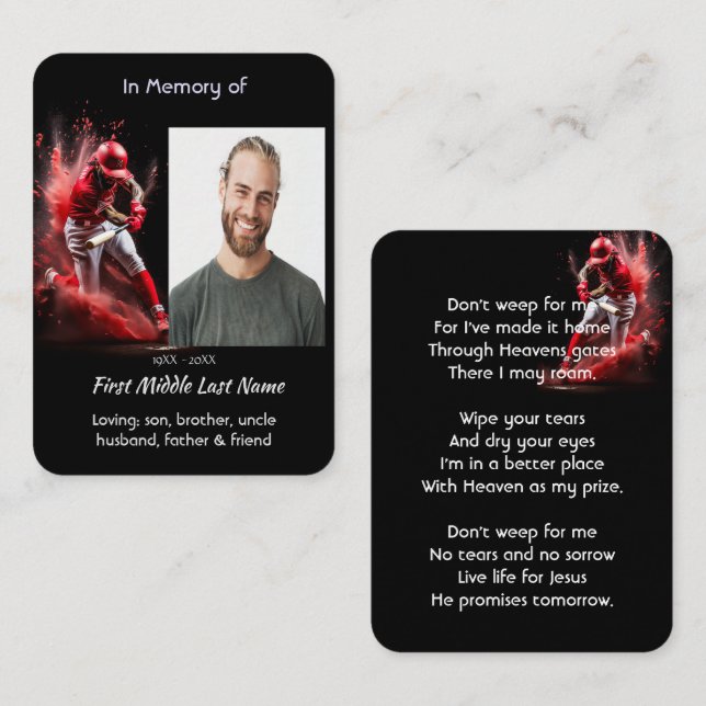 Cartão De Visita Christian Memorial Keepsake Baseball Softball  (Frente/Verso)