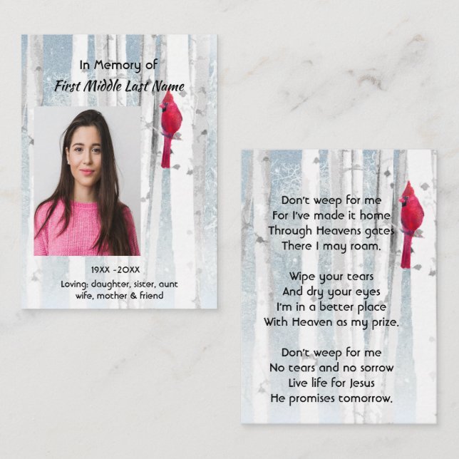 Cartão De Visita Christian Memorial Keepsake Cardinal Bird (Frente/Verso)