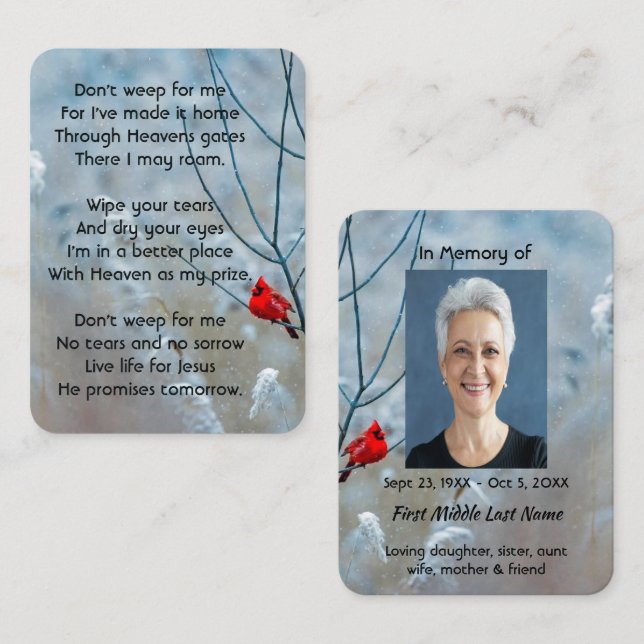 Cartão De Visita Christian Memorial Keepsasaac Pássaro Vermelho Car (Frente/Verso)