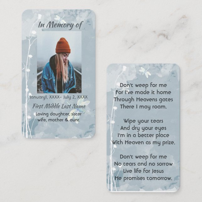 Cartão De Visita Christian Memorial Keepsasaara Dragonfly White Flo (Frente/Verso)