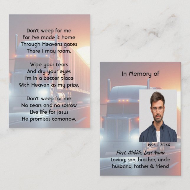 Cartão De Visita Christian Memorial Semi-Truck Tractor-trailer  (Frente/Verso)