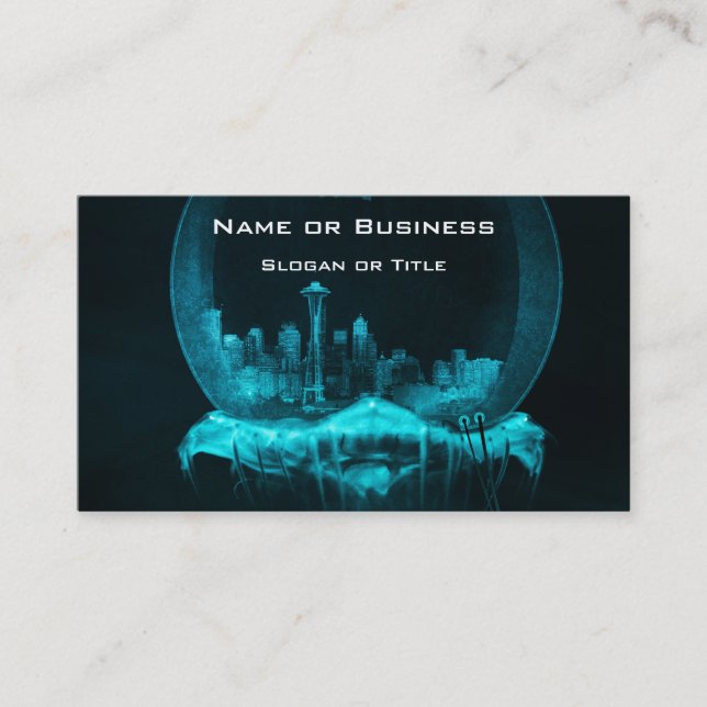 Cartão De Visita Cidade Fantástica num globo de neve com um Blimp (Frente)