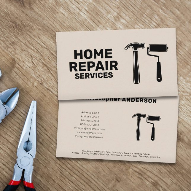 Cartão De Visita Cilindro de martelo e pintura - Serviços de reparo (Hammer & Paint Roller - Home Repair Services Business Card)