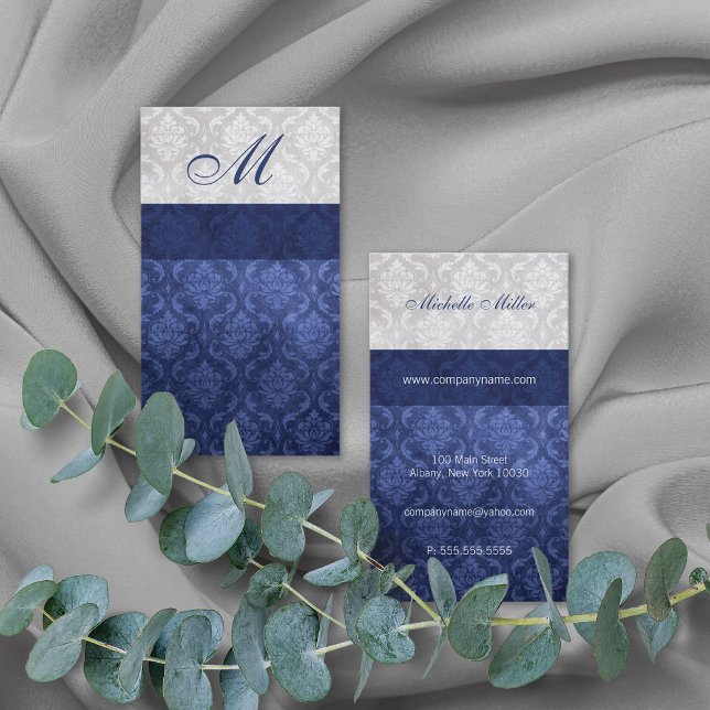Cartão De Visita Cinza Azul do Monograma do Damasco (Criador carregado)