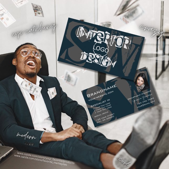 Cartão De Visita Cinza Branca Azul Moderna com Monograma do Logotip (Criador carregado)