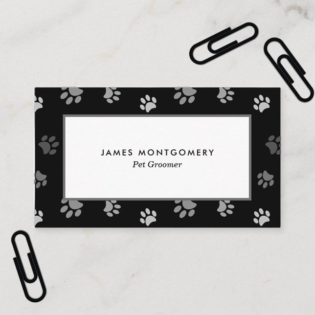 Cartão De Visita Cinza branca preta impressão personalizada (Black White Gray Paw Prints Personalized Business Card)