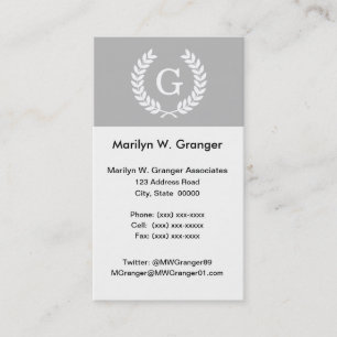 Cartão De Visita Cinza Branco Trigo Laurel Wreath Monograma Inicial