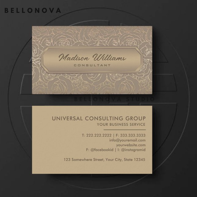 Cartão De Visita Cinza Castanho-bege Personalizado Flores Douradas  (Custom Beige Brown Grey Gold Flowers Professional Business Card)