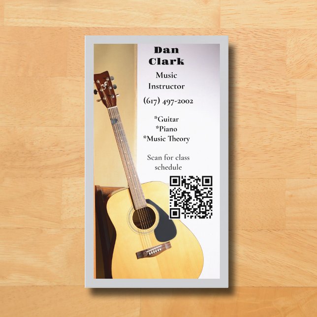 Cartão De Visita Cinza Código QR Professor de Música Violão Acústic (Grey Guitar  Music  Business Card for for Teacher  )
