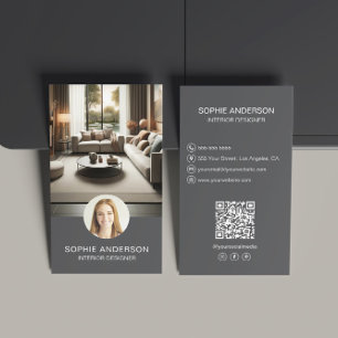 Cartão De Visita Cinza de Mídia Social QR do Designer Interior