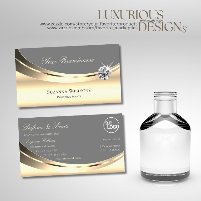 Cartão De Visita Cinza Dourada com logotipo e Diamante Sparkly (Criador carregado)