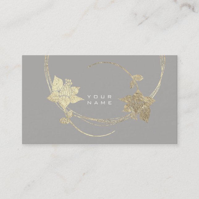 Cartão De Visita Cinza Dourada Foxier Lila Glama Floral Branco (Frente)