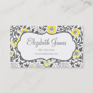 Cartão De Visita Cinza e Damasco Floral Retro Amarelo