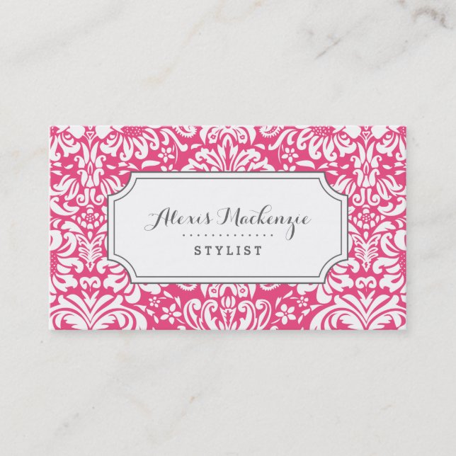 Cartão De Visita Cinza e Damasco Floral Rosa (Frente)