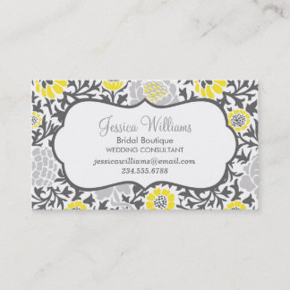 Cartão De Visita Cinza e Damasco Retro Floral Amarelo