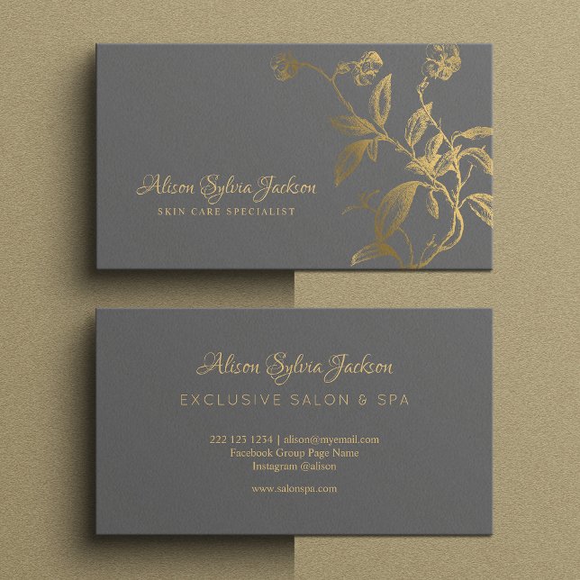 Cartão De Visita Cinza escura de folha de ouro luxuosa elegante (Criador carregado)