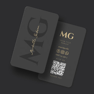 Cartão De Visita Cinza Escura Mínima Elegante Monograma QR