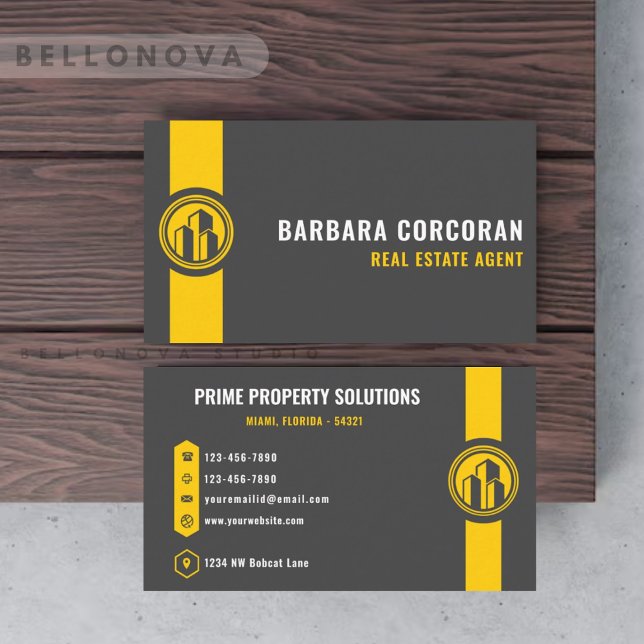 Cartão De Visita Cinza Escura Personalizada Imobiliário Amarelo Pre (Custom Dark Grey Black Yellow Real Estate Business Card)