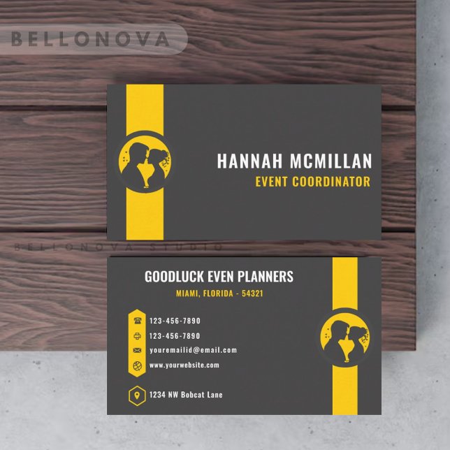 Cartão De Visita Cinza Escura Personalizada Planejamento de Evento  (Custom Dark Grey Black Yellow Event Planning Business Card)