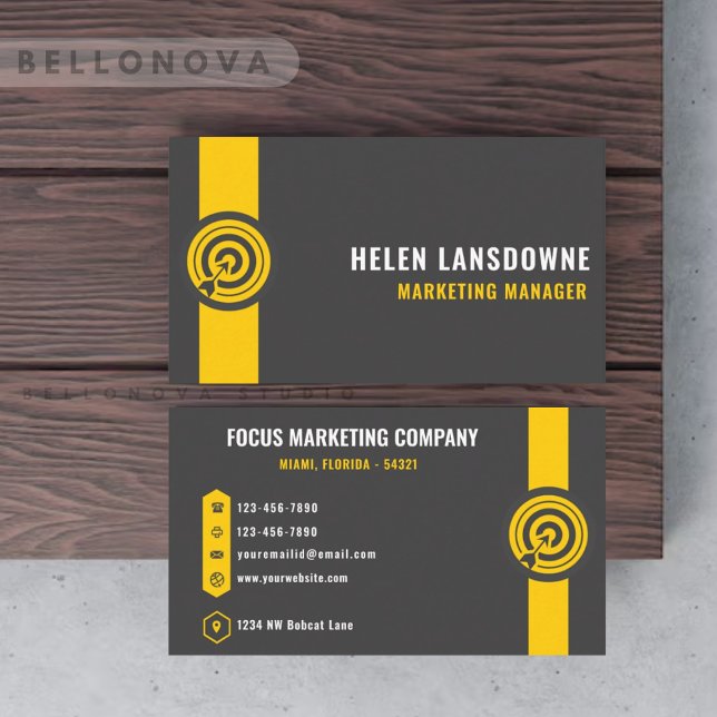 Cartão De Visita Cinza Escura Personalizada Profissão de Marketing  (Custom Dark Grey Black Yellow Marketing Profession Business Card)