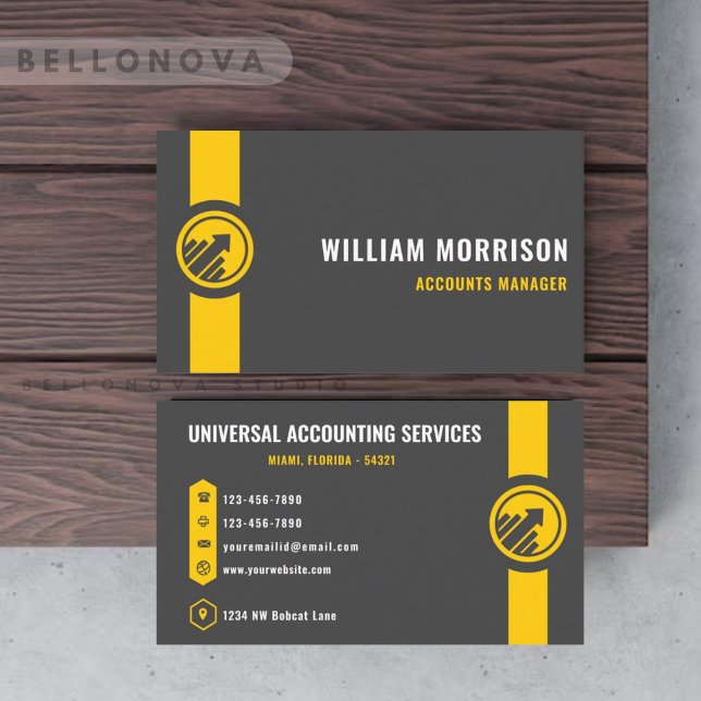 Cartão De Visita Cinza Escura Personalizada Profissional Financeiro (Custom Dark Grey Black Yellow Finance Professional Business Card)