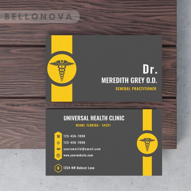 Cartão De Visita Cinza Escura Personalizada Rico Amarelo Negro (Custom Dark Grey Black Yellow Doctor Fancy Business Card)
