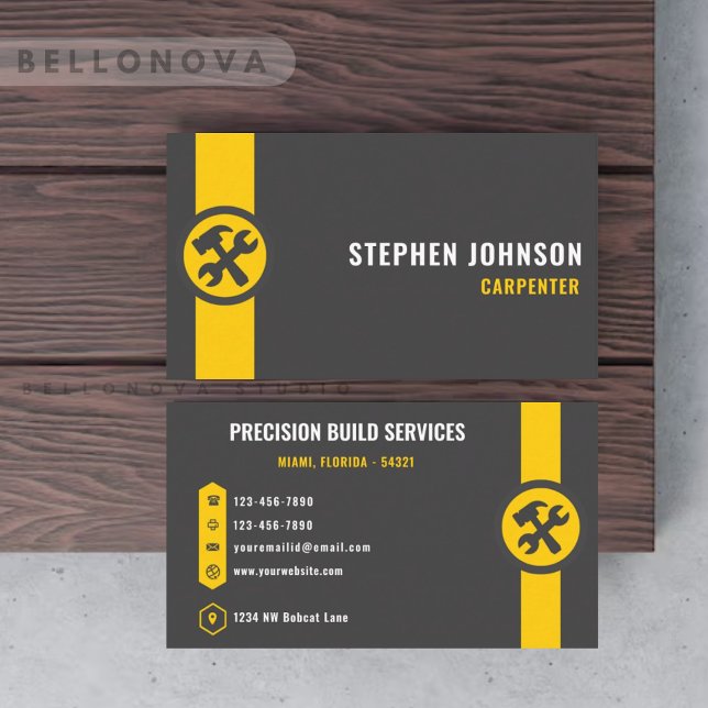 Cartão De Visita Cinza Escura Personalizada Trabalhador de Construç (Custom Dark Grey Black Yellow Construction Worker Business Card)